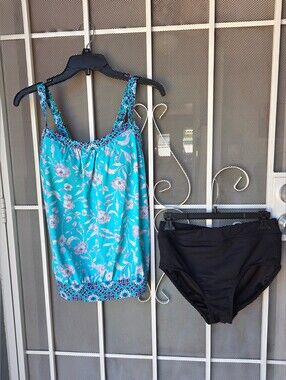 Lands' End Women's Blouson Tummy Hiding Tankini Swimsuit 2 Pc Set Size 6